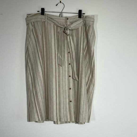 Bar III Tan and Cream Linen Striped Midi Skirt Tie Front 16W NWT - Picture 1 of 7